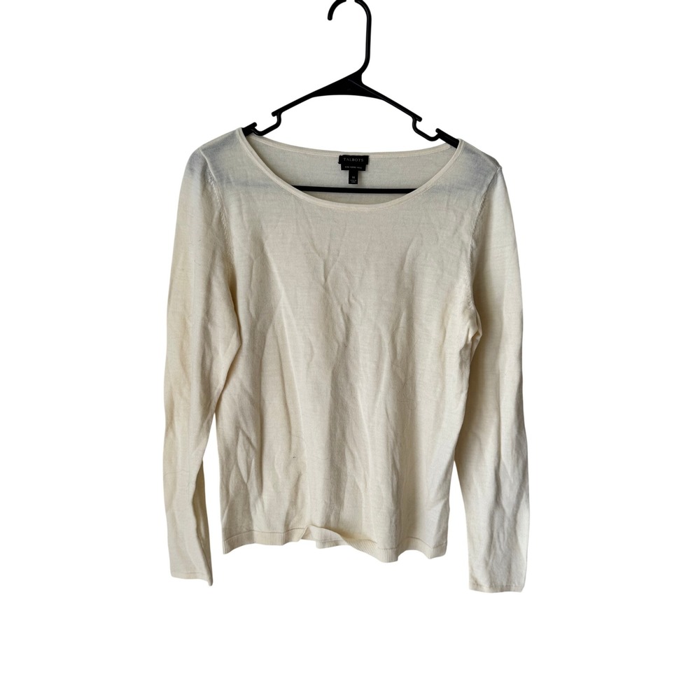 Talbots Pure Merino Wool Scoop Neck Sweater Cream Ivory Long Sleeve Size M